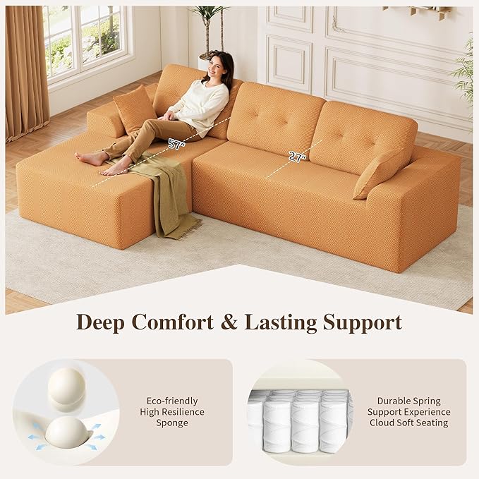 Ball & Cast 106" Cloud Sectional Couch, Compressed L-Shaped Sofa with Deep Seat Chaise, Boneless No Assembly Modular Couch, Foam & Spring Support, 2 Boxes (Right Facing, Chenille Orange)