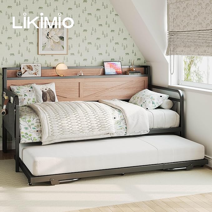 LIKIMIO Twin Daybed, Day Beds with Pop Up Trundle, Storage Headboard with Charging Station, Strong Supports for Apartment and Other Small Space, Wood Color