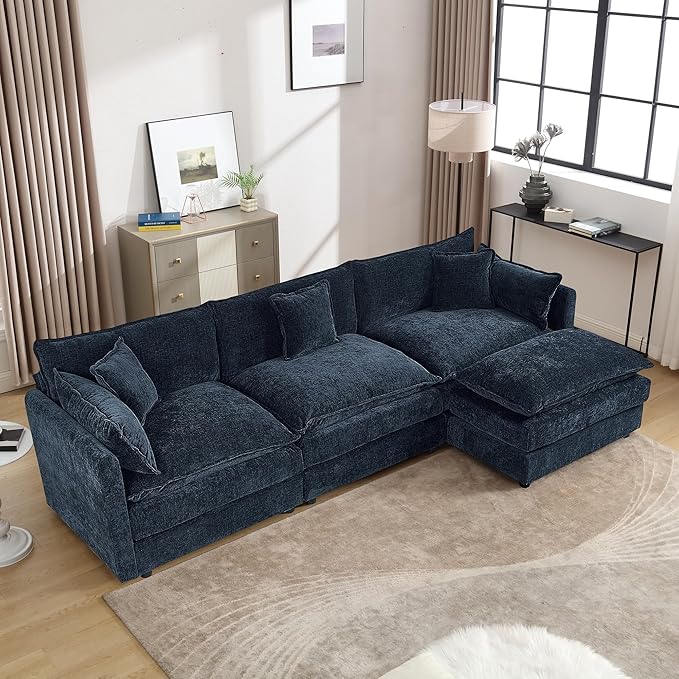 Setawix Deep 3 Seater Couch with Ottoman,112.2" L-Shaped Cloud Couches for Living Room,Chenille Cloud Sofa Couch with Deep Seat,Modular Sectional L Shape 3 Seat Sofa for Bedroom. (Blue, 3+1)