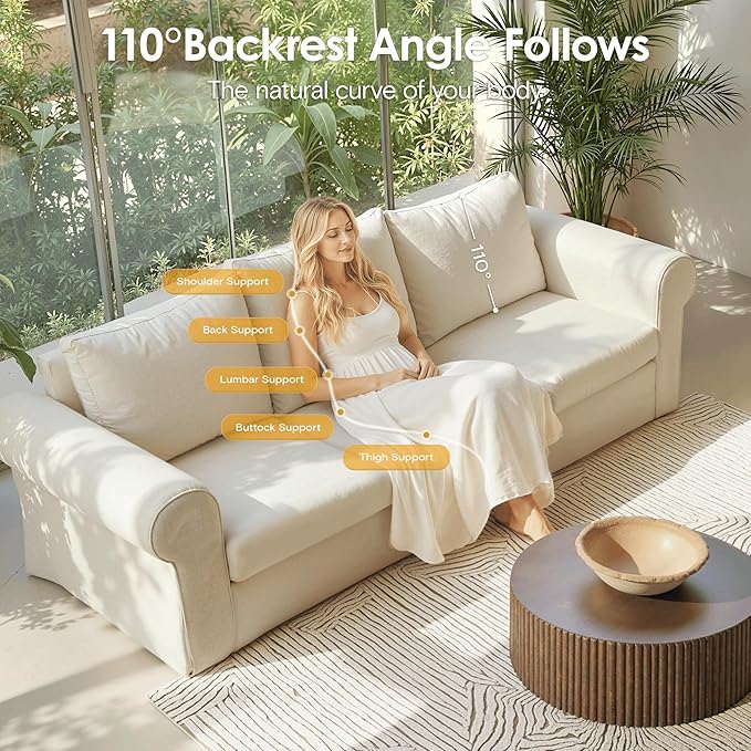 89" 3 Seater Sofa for Living Room, Deep Seated Comfy Couch with Removable Linen Slipcover, Modern Farmhouse Rolled-Arm Sofa, High Back Support, Cream White