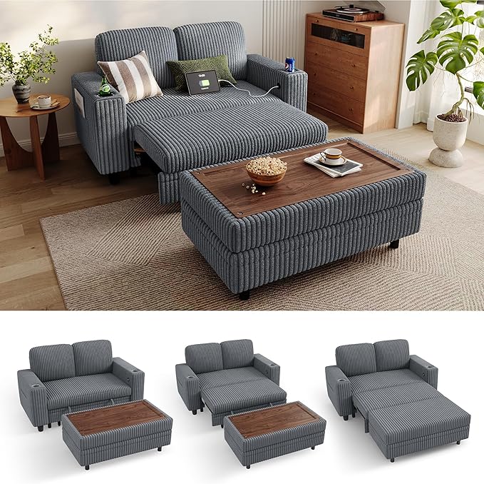 LINSY HOME Sectional Sleeper Sofa with Pull Out Couch Bed for Living Room (Grey) | Plush Corduroy, Storage Ottoman, Storage Chaise, Pull Out Couch, USB Charging