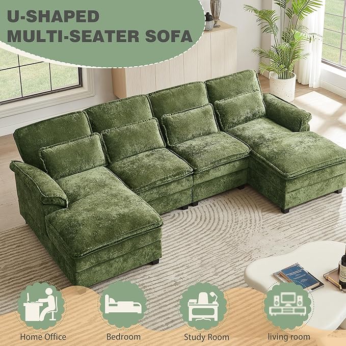 112" Modular Sectional Sofa, U Shaped Comfy Cloud Couch with Double Chaise and Padded Armrests, Modern Deep Seat Sectional Couches for Living Room, Apartment, Office, Green