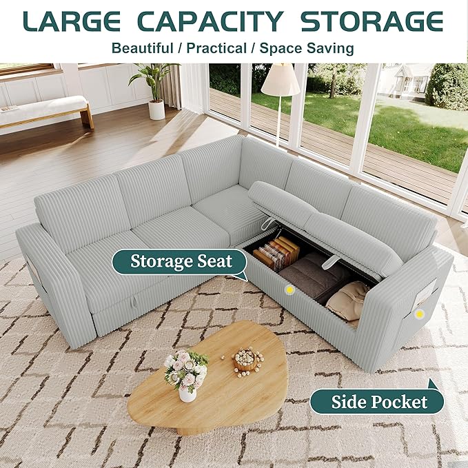 83.5" Sectional Sleeper Sofa with Pull Out Couch, Modern 5 Seat L Shaped Modular Couch, Sectionals Modular Sofa with Storage, Comfy Corduroy Couches Sectional for Living Room, Light Gray