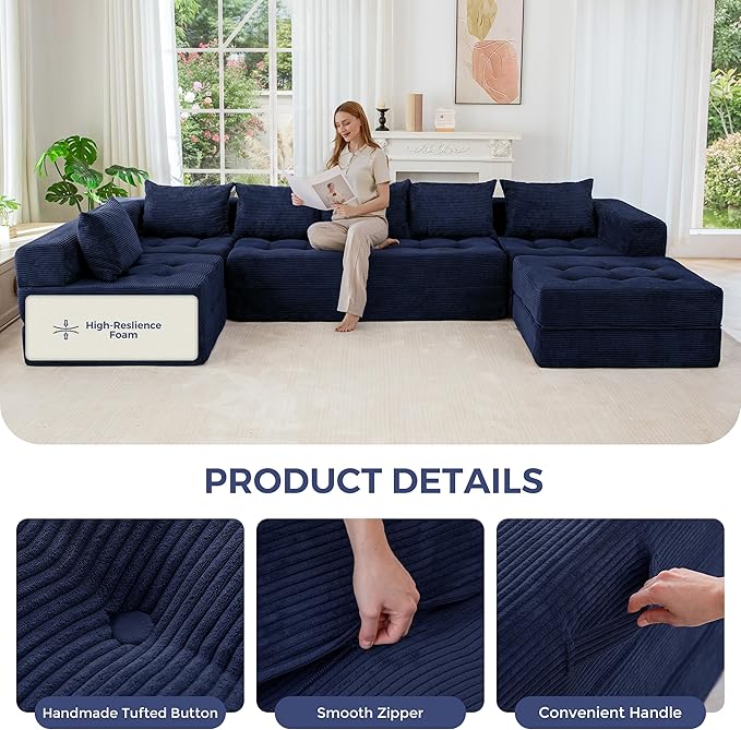 MAXYOYO Modular Sectional Sofa Couch, Foldable U Shaped Cloud Couch with Pillows, Tufted 7-Seat Boneless Sleeper Lounger Floor Sofa Bed for Living Room, No Assembly Required, Navy
