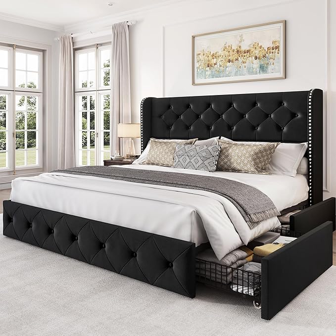 LARMACE Queen Size Bed Frame with 4 Storage Drawers and 47.2" Tall Wingback Headboard Upholstered Platform Beds Velvet Tufted Bed Frame with Wooden Slats Support, Easy Assembly, Black