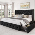 LARMACE Queen Size Bed Frame with 4 Storage Drawers and 47.2" Tall Wingback Headboard Upholstered Platform Beds Velvet Tufted Bed Frame with Wooden Slats Support, Easy Assembly, Black