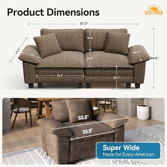 Modular Loveseat Cloud Sofa, 87.5'' Oversized Chenille Sectional Couch with Wider Armrest and Pillow, 2 Seat Upholstered Modern Love Seat for Living Room Bedroom, Taupe