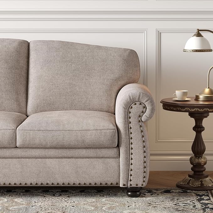 ONBRILL 90 Inch Rolled Arm Sofa for Living Room, Deep Seat Nailhead Trim Couch, Comfy 3 Seater Chenille Couch w/Wooden Leg, Springs Seat Cushion, Large Traditional Sofa for Farmhouse, Beige