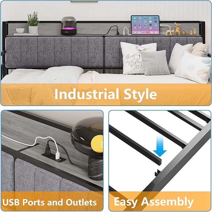 BOFENG Metal Daybed Frame Twin Size with Charging Station,Metal Twin Bed Frame with Upholstered Headboard with Strong Steel Slats for Living Room,Bedroom and Guest Room