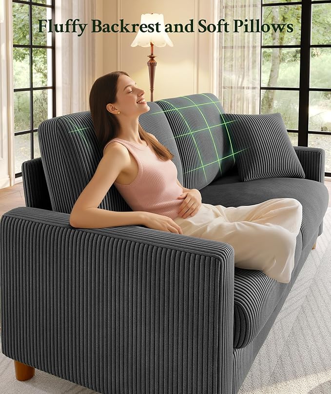 70.2" Couches for Living Room, Comfy Grey Couch 7.1" Extra Thick Cushion, Sofas for Living Room Tool-Free Setup, Loveseat Sofa 705lbs Support, Corduroy Couch for Bedroom, Apartment, Office