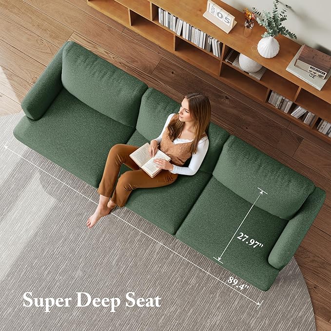 3 Seater Sofa Couch with Deep Seats, 89" Mid Century Modern Upholstered Sofa with Armrests, Comfy Couches for Living Room, Bedroom, Apartment and Office (Green)