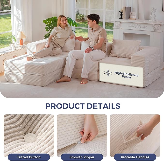 MAXYOYO Modular Sectional Sofa Couch, Foldable L-Shaped Folding Sofa Bed with Ottoman, Convertible Sectional Couch Corded Tufted Floor Sofa Lounger with Pillows for Living Room, No Assembly, Beige