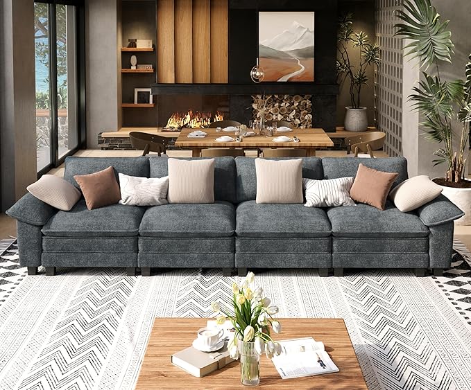 4 Seat Modular Sofa, 157.5'' Oversized Modern Chenille Sectional Couch with Removable Armrest and Pillow, Upholstered Cloud Deep Seat Sofa for Living Room, Cyan
