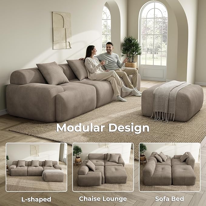 LIKIMIO LumiCord Modular Sectional Sofa with Ottoman, 118" L-Shaped Boneless Couch for Living Room, Oversized Deep Seat with Corduroy Upholstery, No Assembly Required, Light Brown
