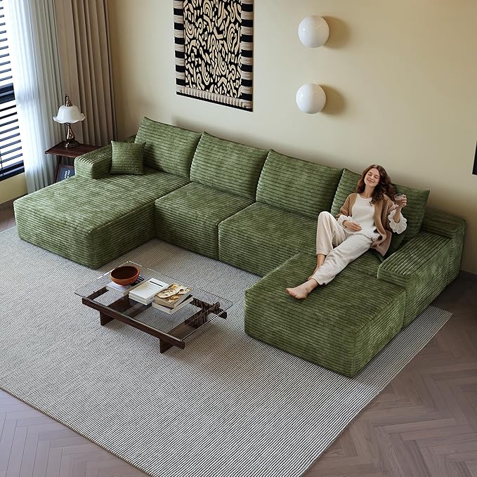 136" Sectional Couches for Living Room Cloud Couch Sofa with L-Shape Upholstered Boneless Couchs Modern Modular Sectional Couch with Chaise (Green, 136" Left Facing Chaise+3Seaters+Ottoman)