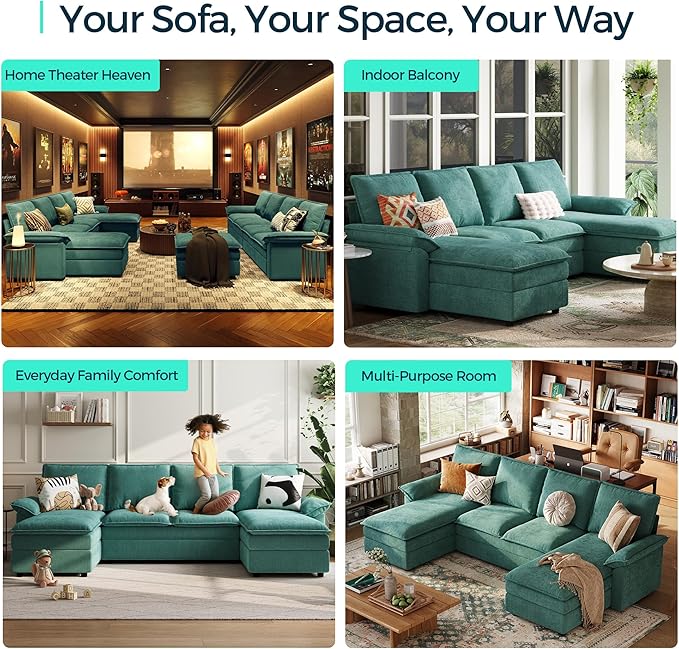 LINSY HOME Modular Sectional Couches, 115" U Shaped Cloud Sofa with Versatile Console, Chenille 4-Seat Sofa Set for Living Room, Apartment, Office, Green