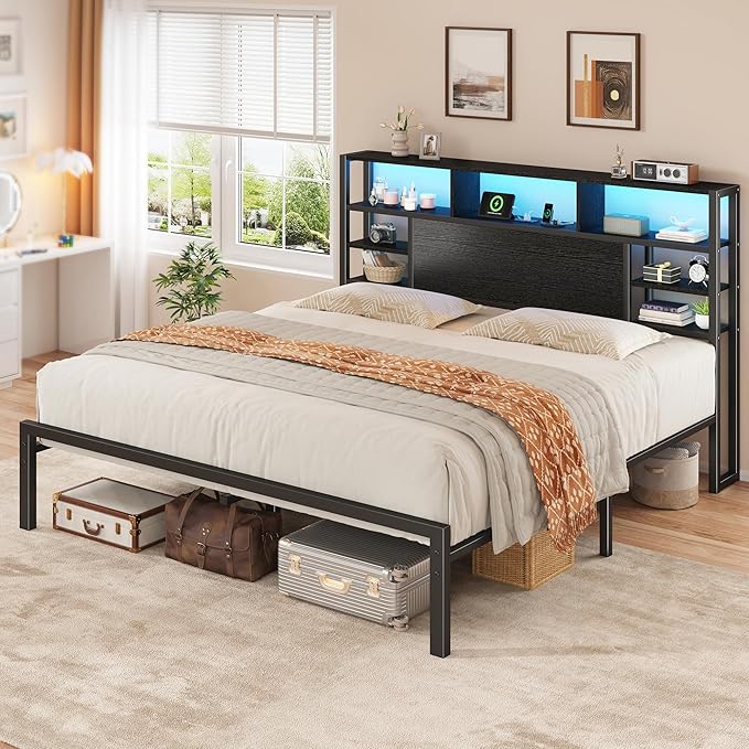 Homkdom King Size Bed Frame with Storage Headboard, LED Lights & Charging Station Heavy Duty Metal Platform Bed for Bedrooms, 1100 LBS Capacity, No Box Spring Needed, Easy Assembly，Black