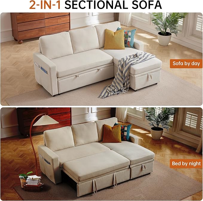 2-in-1 Convertible Sofa with Pull Out Bed, 76" L Shaped Comfy Sectional Couch 3-Seater Sleeper Sofa with Reversible Storage Chaise for Living Room, Beige