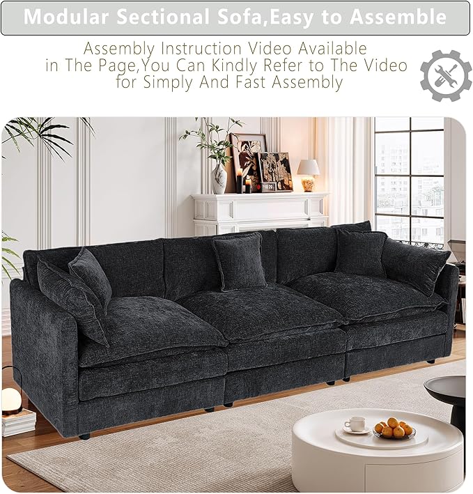 Setawix Chenille Cloud Couches for Living Room,3 Seater Cloud Sofa Couch with Deep Seat,112.2" Roomy Cloud Sofas,Modular Sectional 3 Seat Sofa with Pillows for Bedroom (Black, 3 Seater)