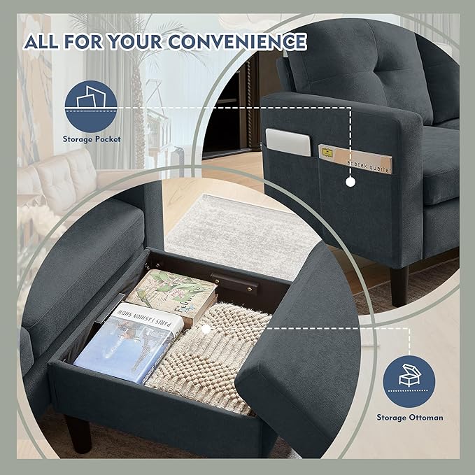 79" Convertible Sectional Sofa, Small L Shaped 3 Seat Couch with Storage Chaise and Side Pocket, Modern Linen Fabric Reversible Sofa Couches for Living Room, Apartment and Small Space