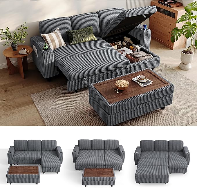 LINSY HOME Sectional Sleeper Sofa with Pull Out Couch Bed for Living Room (Grey) | Plush Corduroy, Storage Ottoman, Storage Chaise, Pull Out Couch, USB Charging