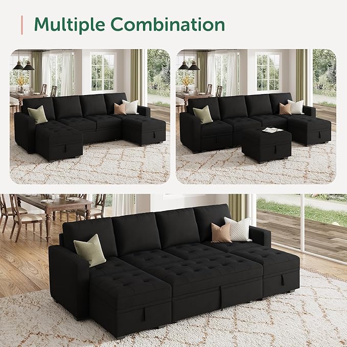 HONBAY Modular Sectional Sleeper Sofa with Pull Out Bed, Velvet Convertible L Shaped Couch with Storage Seat, Sectional Couches for Living Room, Black