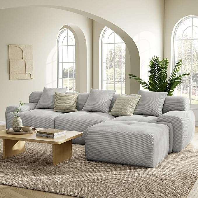 LIKIMIO LumiCord Modular Sectional Sofa with Ottoman, 118" L-Shaped Boneless Couch for Living Room, Oversized Deep Seat with Corduroy Upholstery, No Assembly Required, Grey