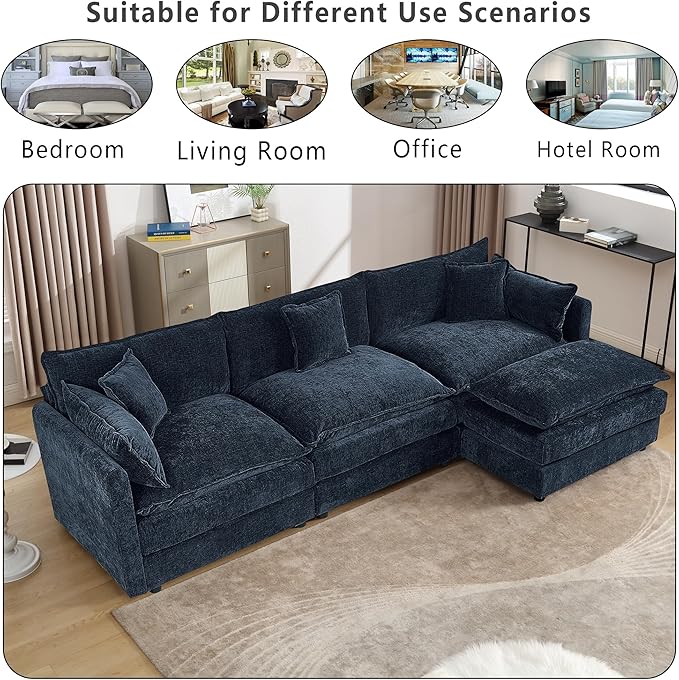 Setawix Deep 3 Seater Couch with Ottoman,112.2" L-Shaped Cloud Couches for Living Room,Chenille Cloud Sofa Couch with Deep Seat,Modular Sectional L Shape 3 Seat Sofa for Bedroom. (Blue, 3+1)
