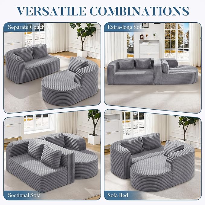 Hobestluk 96" Cloud Sectional Couch Modern Boneless Couch 3 Seater with Oversized Chaise L Shaped Modular Sofa for Living Room Apartment No Assembly Required (Stripe Lightgrey,Right Facing Chaise)