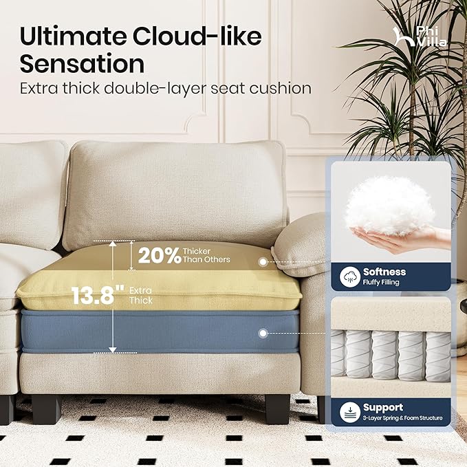 PHI VILLA Cloud Modular Couch Sets, 123.6" Sectional Sofa with U-Shaped Chaise, 5-Seater Couches with 2 Movable Ottomans for Living Room, Chenille Fabric, Beige
