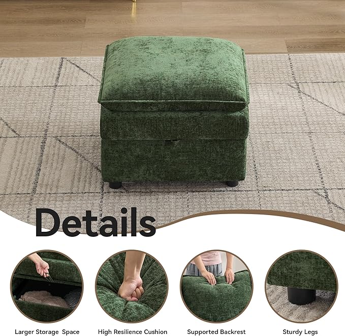 27" Large Square Ottoman with Storage, Modern Upholstered Footrest with Anti-Slip Legs for Couch Coffee Table Living Room, Bedroom, Entryway, Chenille Green