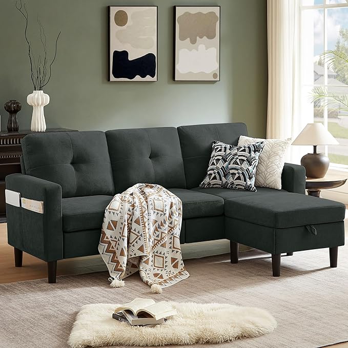 79" Convertible Sectional Sofa, Small L Shaped 3 Seat Couch with Storage Chaise and Side Pocket, Modern Linen Fabric Reversible Sofa Couches for Living Room, Apartment and Small Space