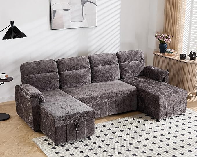 Tbfit 108'' Pull Out Sofa, Cloud Sleeper Sofa Bed with USB & 2 Storage Chaises, Comfy Oersized U Shaped Convertible Sectional Sleeper Couches for Living Room, Apartment, Office, Dark Gray