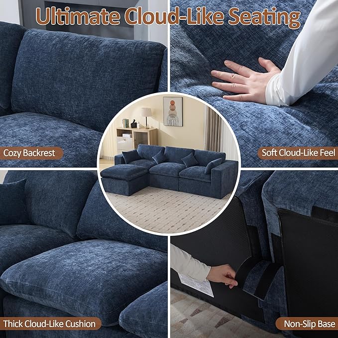 115''Cloud Boneless Sectional Couch, Modular Sectional Sofa Deep Seat with Ottoman, Oversized Upholstered Convertible Comfy 4 Seater Chenille Sofa L Shape Couches for Living Room, Navy