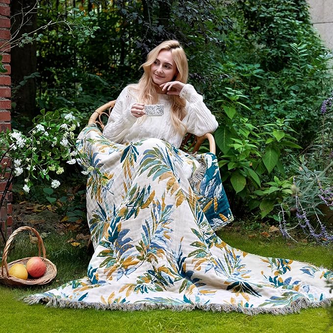 LUTBM Boho Throw Blanket for Bed Cotton Spring Blankets Twin Size for Bedroom Living Room All Season Lightweight Leaves Embroidery Breathable Quilt for Couch Sofa Chair 60"x80" Home Decor