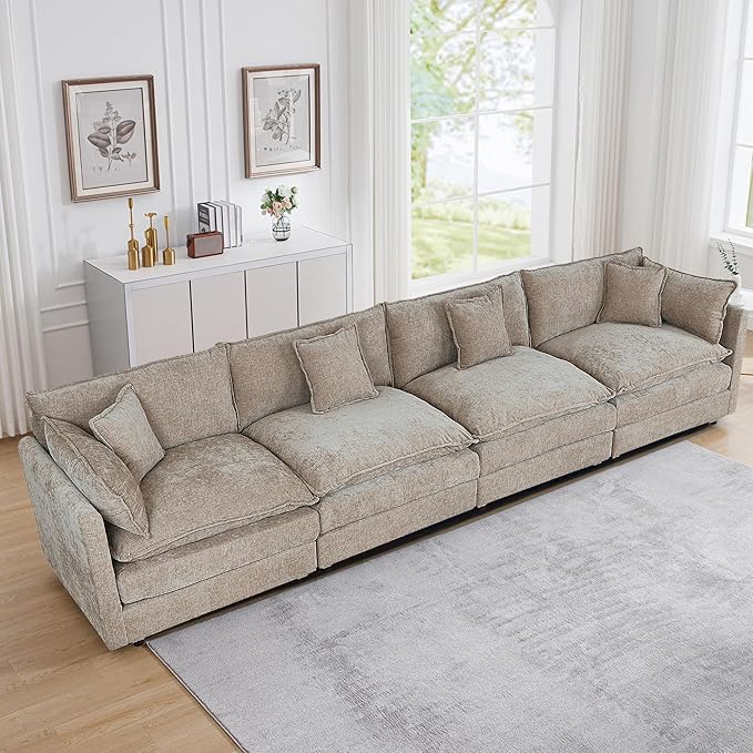 Setawix Chenille Cloud Couches for Living Room,4 Seater Cloud Sofa Couch with Deep Seat,147.22" Roomy Cloud Sofas,Modular Sectional 4 Seat Sofa with Pillows for Bedroom (Coffee, 4 Seater)