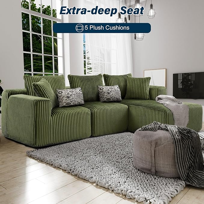 3 Seater L Shaped Sofa with Deep Seat, 101" Cloud Sectional Couch with Chaise, Cozy Modular Couches Sleeper, Oversized Corduroy Sofa for Living Room Bedroom Apartment, Green