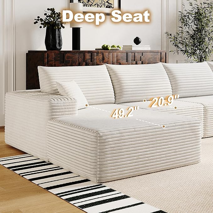 136" Sectional Couches for Living Room Cloud Couch Sofa with L-Shape Upholstered Boneless Couchs Modern Modular Sectional Couch with Chaise (White, 136" Left Facing Chaise+3Seaters+Ottoman)