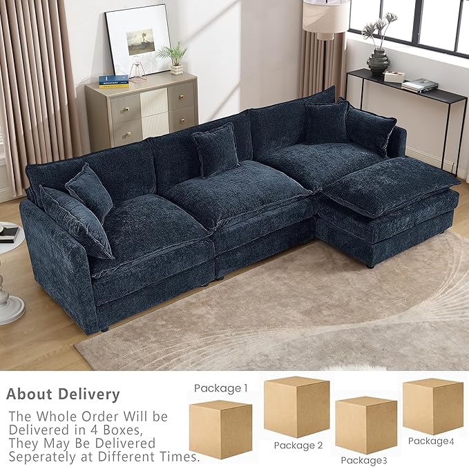 Setawix Deep 3 Seater Couch with Ottoman,112.2" L-Shaped Cloud Couches for Living Room,Chenille Cloud Sofa Couch with Deep Seat,Modular Sectional L Shape 3 Seat Sofa for Bedroom. (Blue, 3+1)