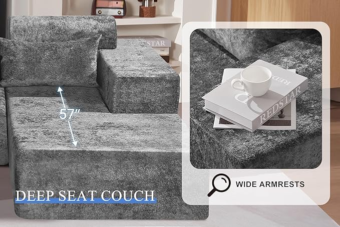 HABUTWAY 105" L-Shape Modular Sectional Sofa Couch for Living Room,No Assembly Required,Modular Comfy Sofa with Deep Seat for Living Room Bedroom,Luxury Distressed Velvet(Right,Grey)