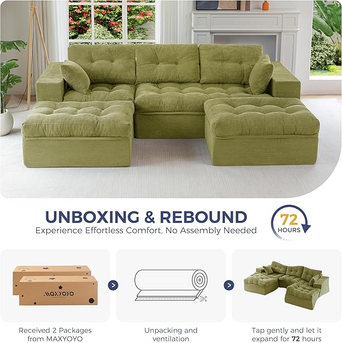 MAXYOYO 104" U Shaped Modular Sectional Sofa with 2 Ottomans, Cloud Boneless Couch with Layered Cushion, Flexible Module Combination Sofa for Living Room, No Assembly Required, Green