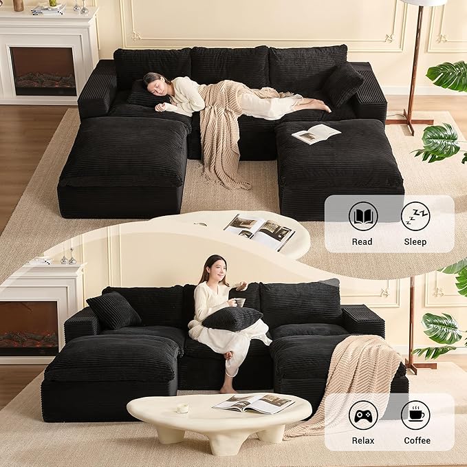 106.3” Sectional Couches for Living Room, Set of Cloud Couch, Modular Sectional Sofa, Convertible Sofas Bed, Deep Seat Sofa, U Shaped Cozy Sofa Furniture Set, Corduroy, Black