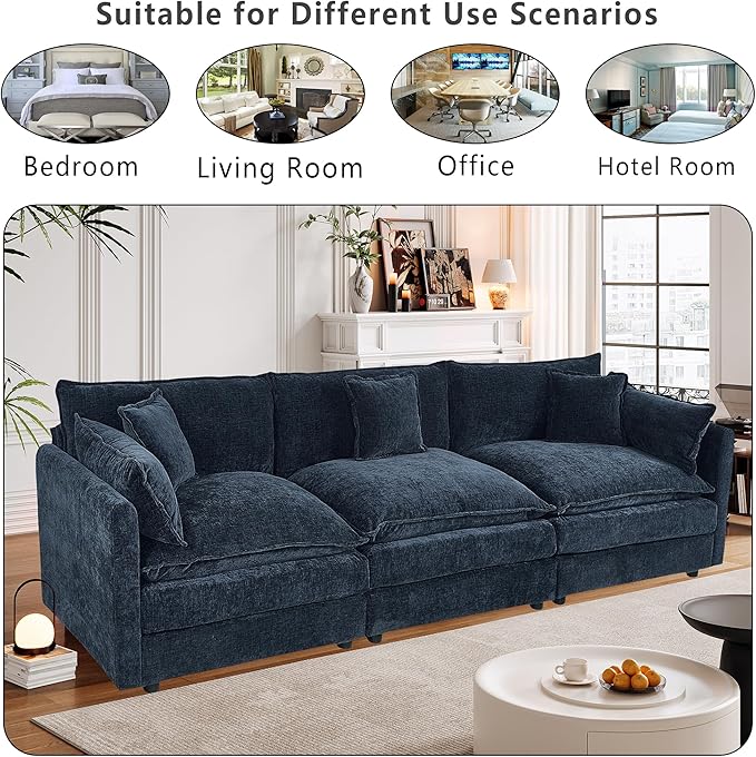 Setawix Chenille Cloud Couches for Living Room,3 Seater Cloud Sofa Couch with Deep Seat,112.2" Roomy Cloud Sofas,Modular Sectional 3 Seat Sofa with Pillows for Bedroom (Blue, 3 Seater)