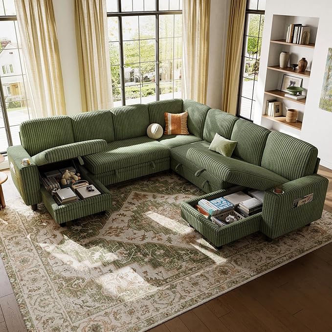 LINSY HOME Sectional Sleeper Sofa Pull Out Couches for Living Room (Green, Sleeper Sofa 5) | Pull Out Sofa Bed, Storage, USB Charging, Cup Holders, Plush Corduroy