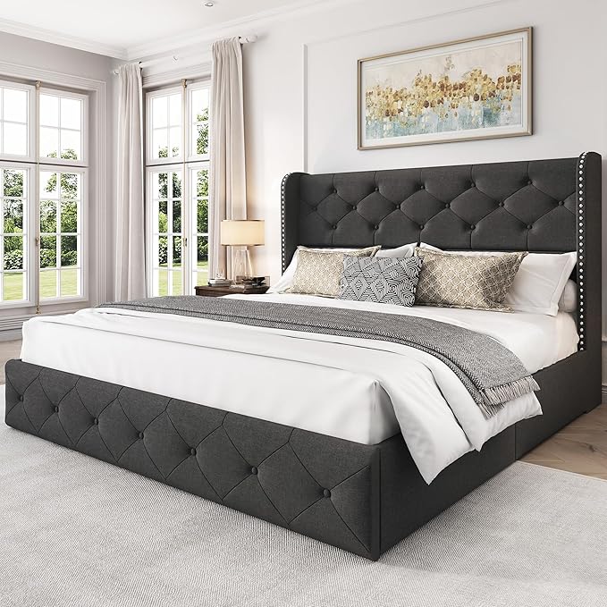 LARMACE Full Size Bed Frame with 4 Storage Drawers and 47.2" Tall Wingback Headboard Linen Upholstered Platform Bed Frame Tufted Beds with Wooden Slats Support, Easy Assembly, Dark Grey