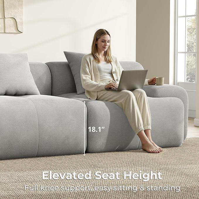LIKIMIO LumiCord Modular Sectional Sofa with Ottoman, 118" L-Shaped Boneless Couch for Living Room, Oversized Deep Seat with Corduroy Upholstery, No Assembly Required, Grey