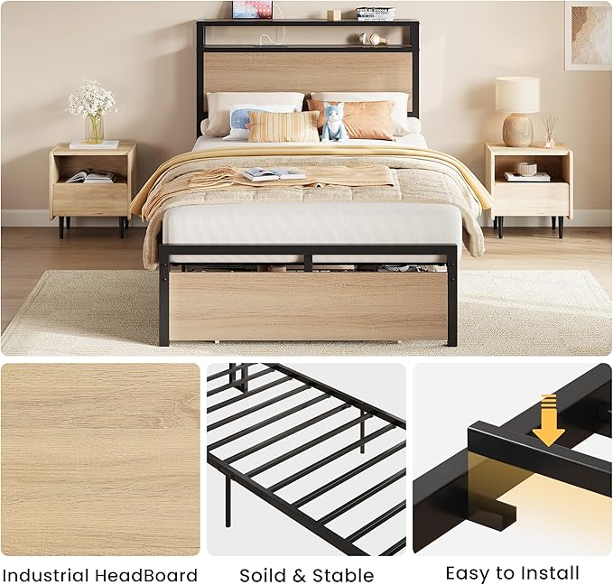 LIKIMIO Twin XL Bed Frames with Drawer, Storage Headboard with Outlets, No Box Spring Needed, Easy Assembly, Wood Color