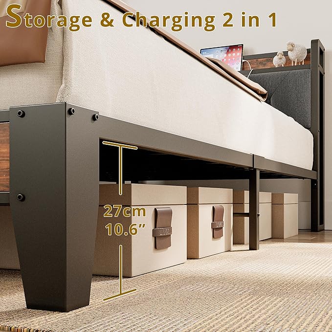 ANCTOR Twin XL Bed Frames, Storage Headboard with Outlets, Easy to Install, Sturdy and Stable, No Noise, No Box Springs Needed - Perfect for a Good Night's Sleep
