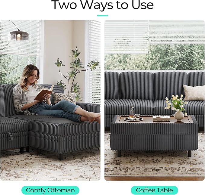 LINSY HOME Sectional Sleeper Sofa with Pull Out Couch Bed for Living Room (Grey) | Plush Corduroy, Storage Ottoman, Storage Chaise, Pull Out Couch, USB Charging