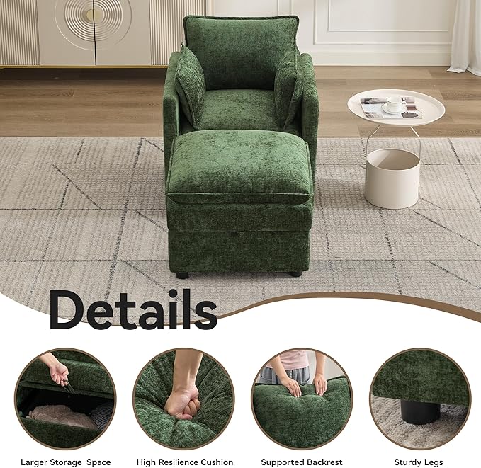 30" Cloud Modular Single Sofa Chair with Storage Ottoman, Modern Upholstered Accent Chair with Storage, Chenille Reading Lounge Armchair for Living Room, Bedroom, Small Space, Green